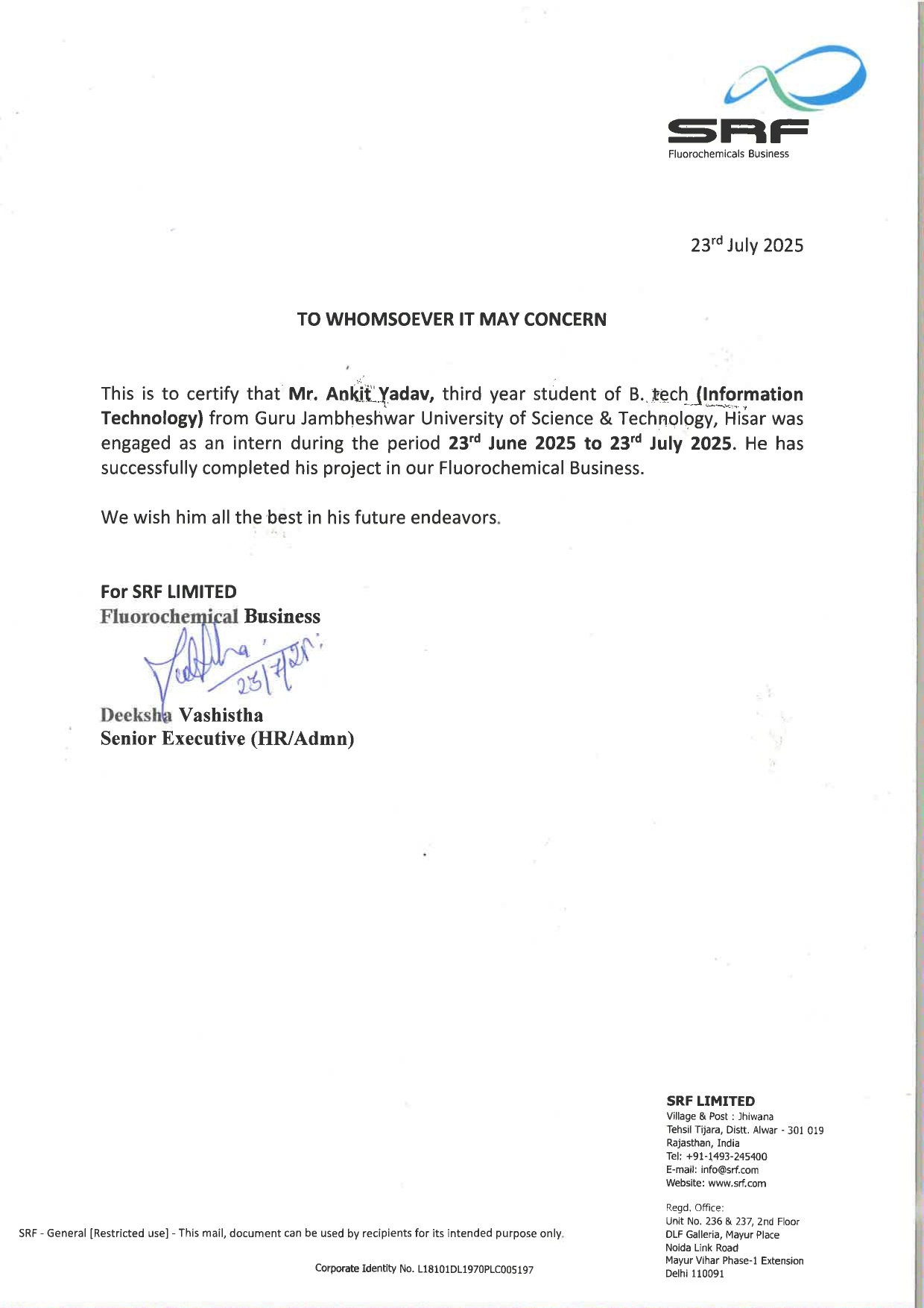 SRF Internship Certificate